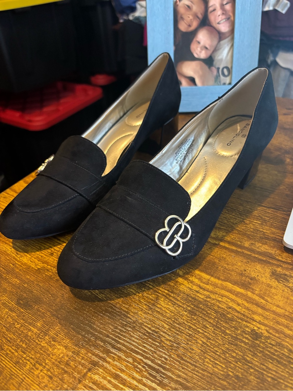 Bandolino Black Suede Mid Heel Loafers with Silver Emblem